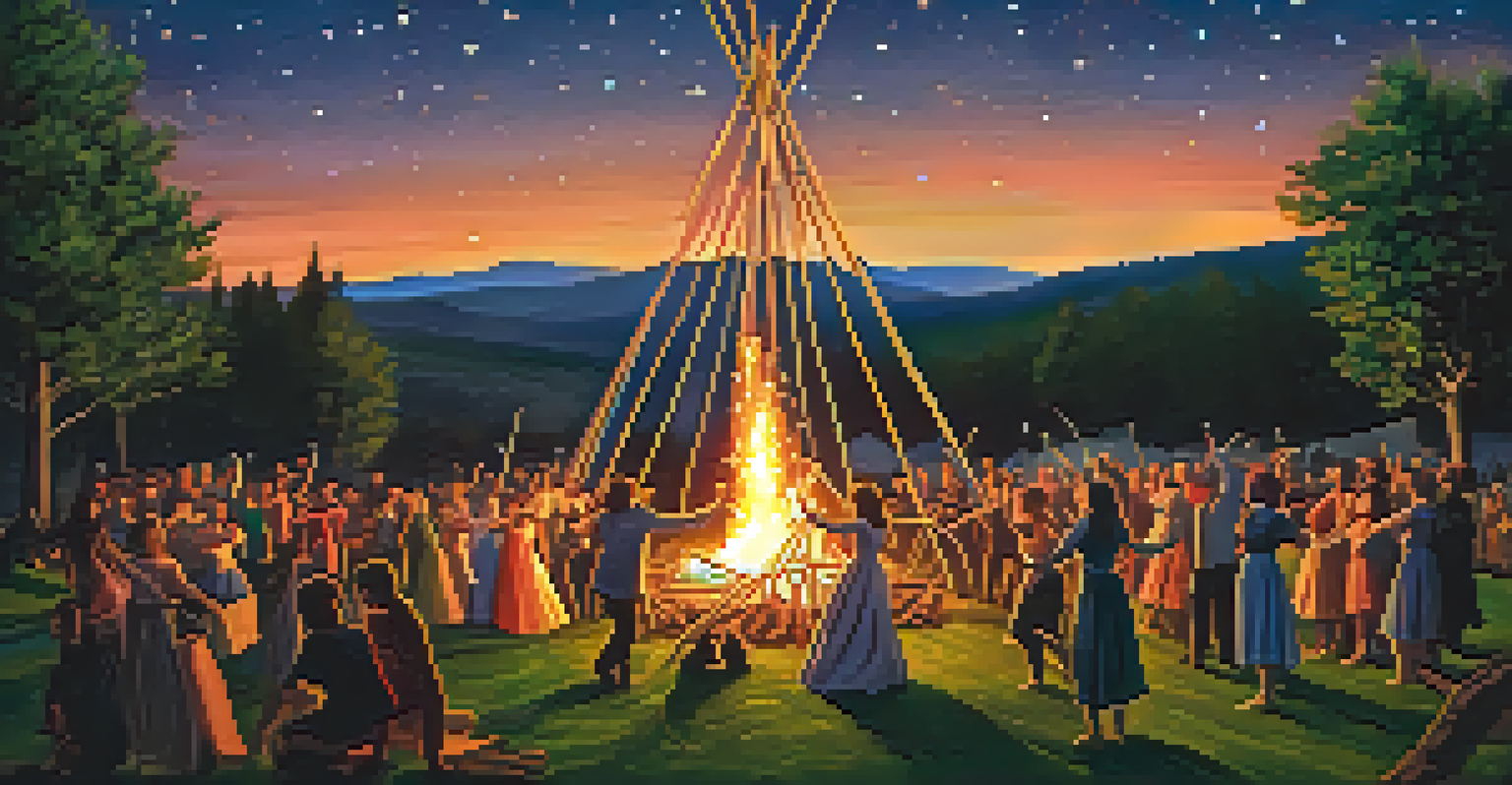 A Beltane celebration with a bonfire, people dancing around a maypole, and a starry night sky in a lush green landscape.