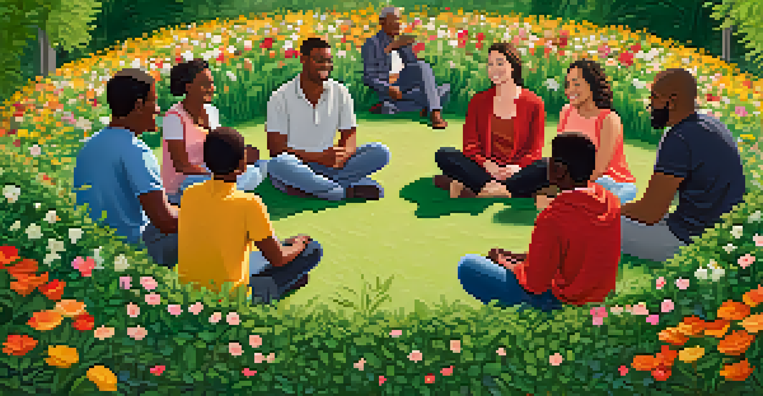 A diverse group of people sitting in a circle in a park, sharing and expressing gratitude with smiles, surrounded by flowers and greenery.