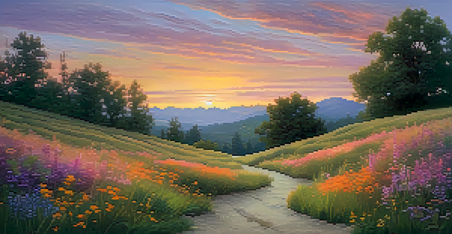 A winding path through a peaceful meadow at sunset, with wildflowers and a colorful sky.