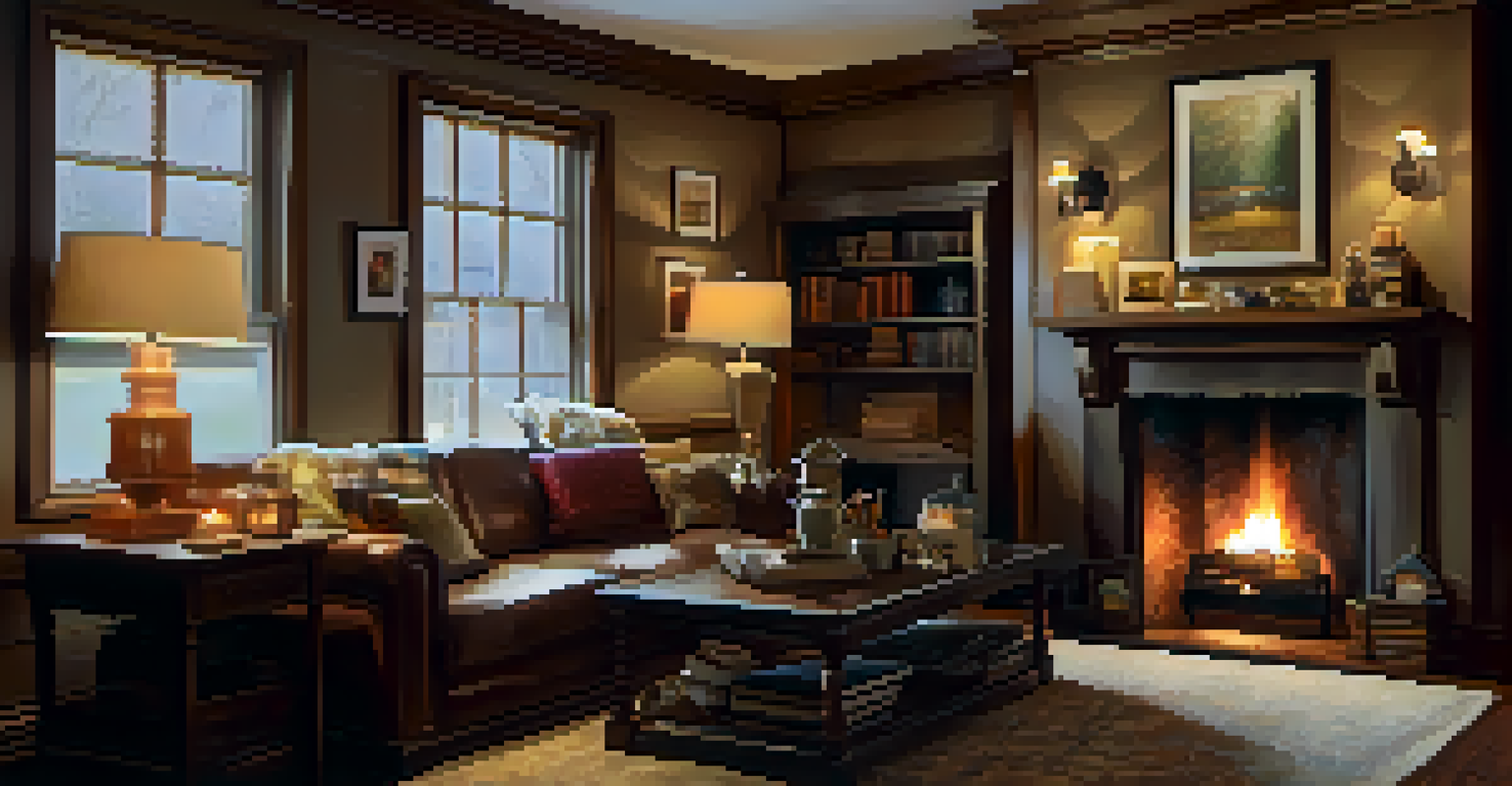 A cozy living room with a fireplace, comfortable seating, personal mementos, and an open journal on a table.