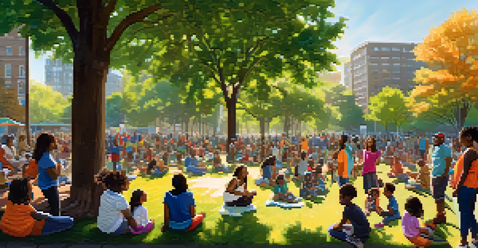 A diverse community gathering in a park, sharing stories and promoting social justice with colorful banners, children playing, and sunlight filtering through the trees.
