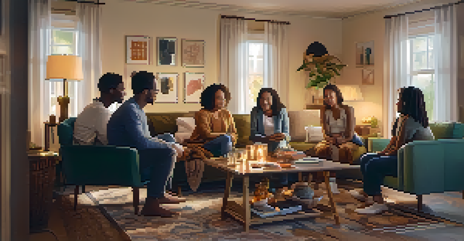 A cozy living room filled with diverse individuals sharing stories and emotions, illuminated by soft lighting.