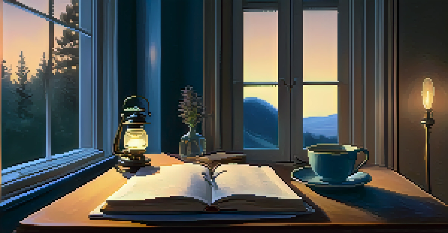 A person journaling at a desk with a cup of tea and candlelight, creating a peaceful evening atmosphere.