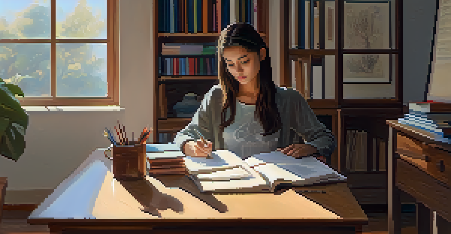 A student practicing mindfulness meditation at a tidy desk in a softly lit study space.