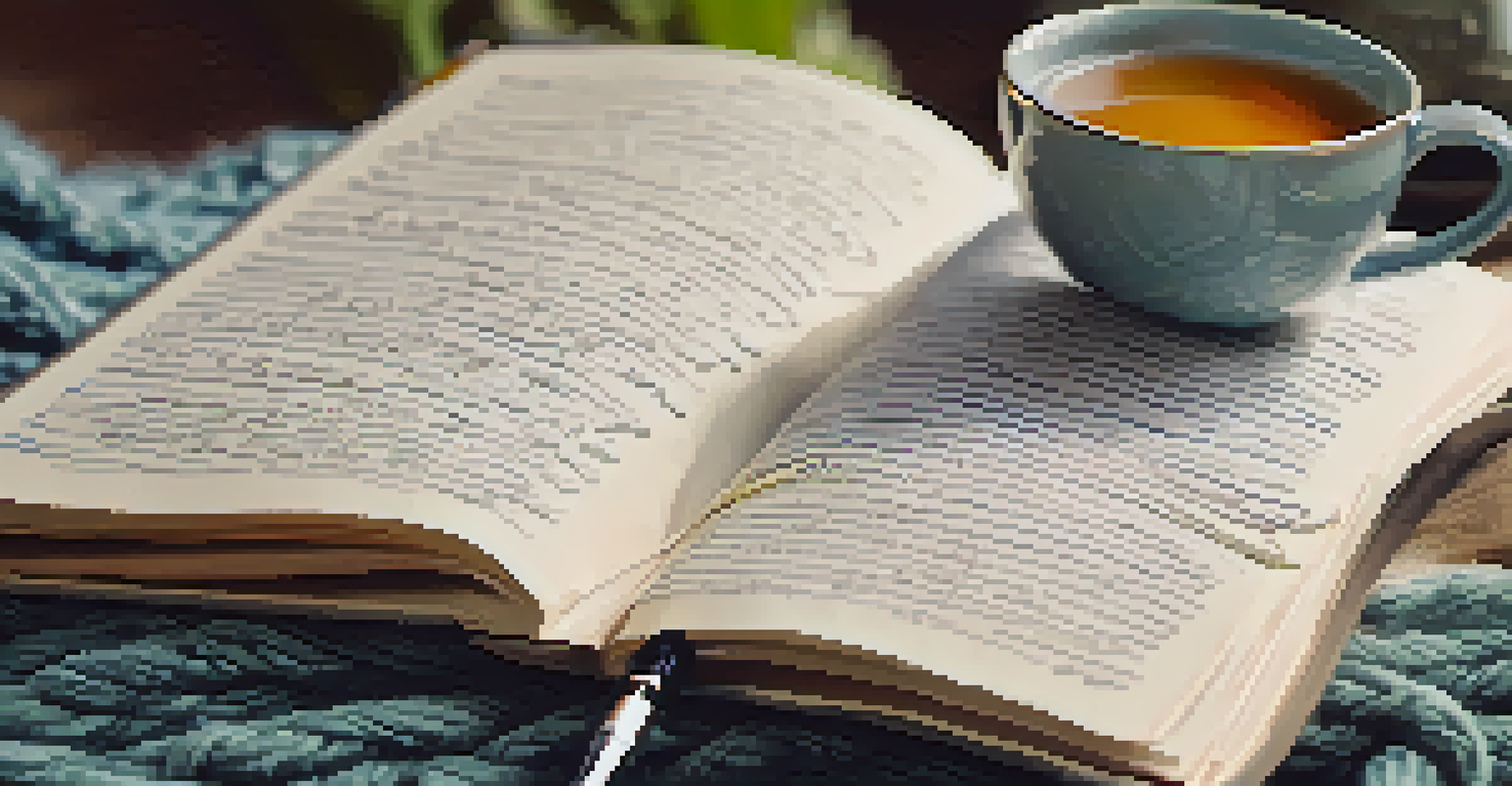 A close-up of an open journal with affirmations and a fountain pen beside it, with a cup of tea and a knitted blanket in the background.