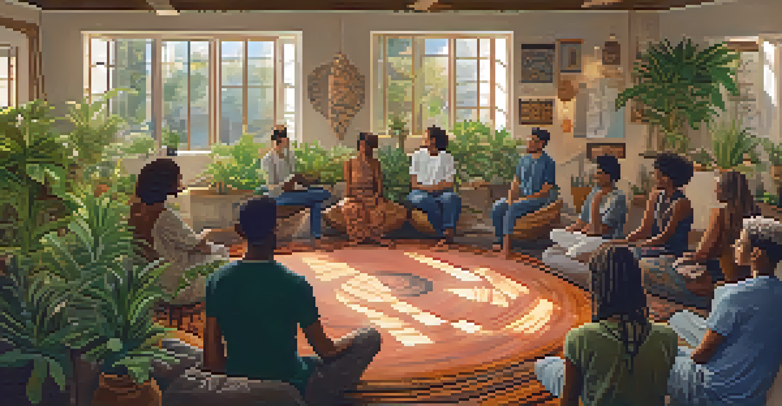 A cozy workshop environment with people sharing their spiritual experiences in a circle.