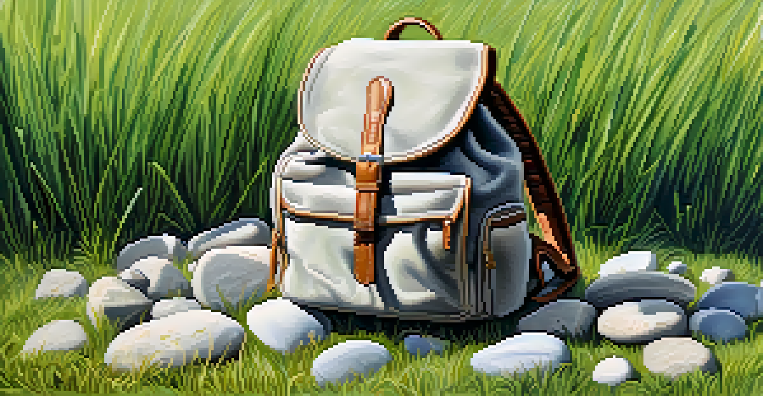 A heavy backpack filled with stones resting on green grass under soft sunlight, symbolizing the burden of past grievances.