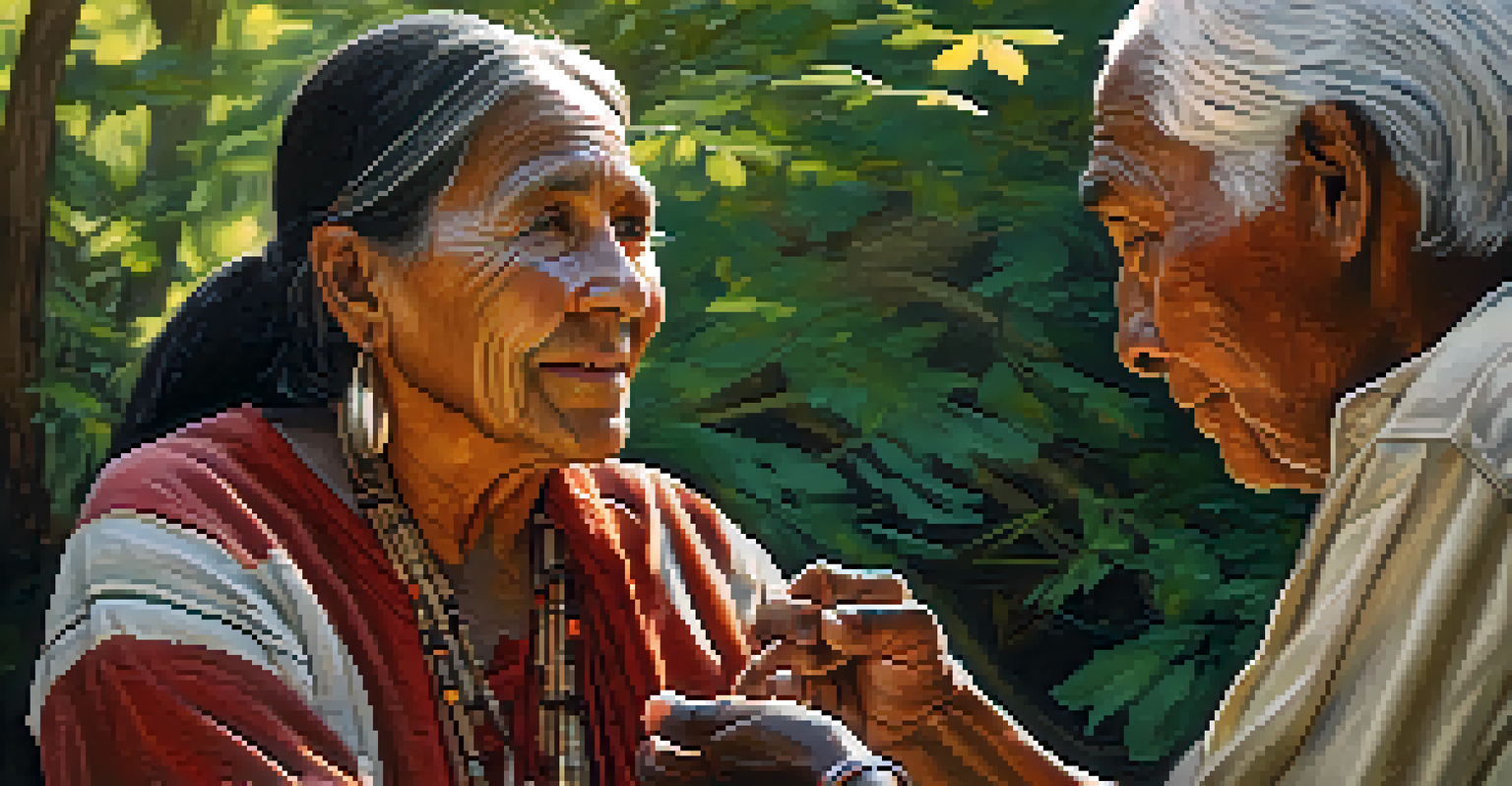 An Indigenous elder sharing wisdom with a younger individual in a natural setting, surrounded by greenery and sunlight.