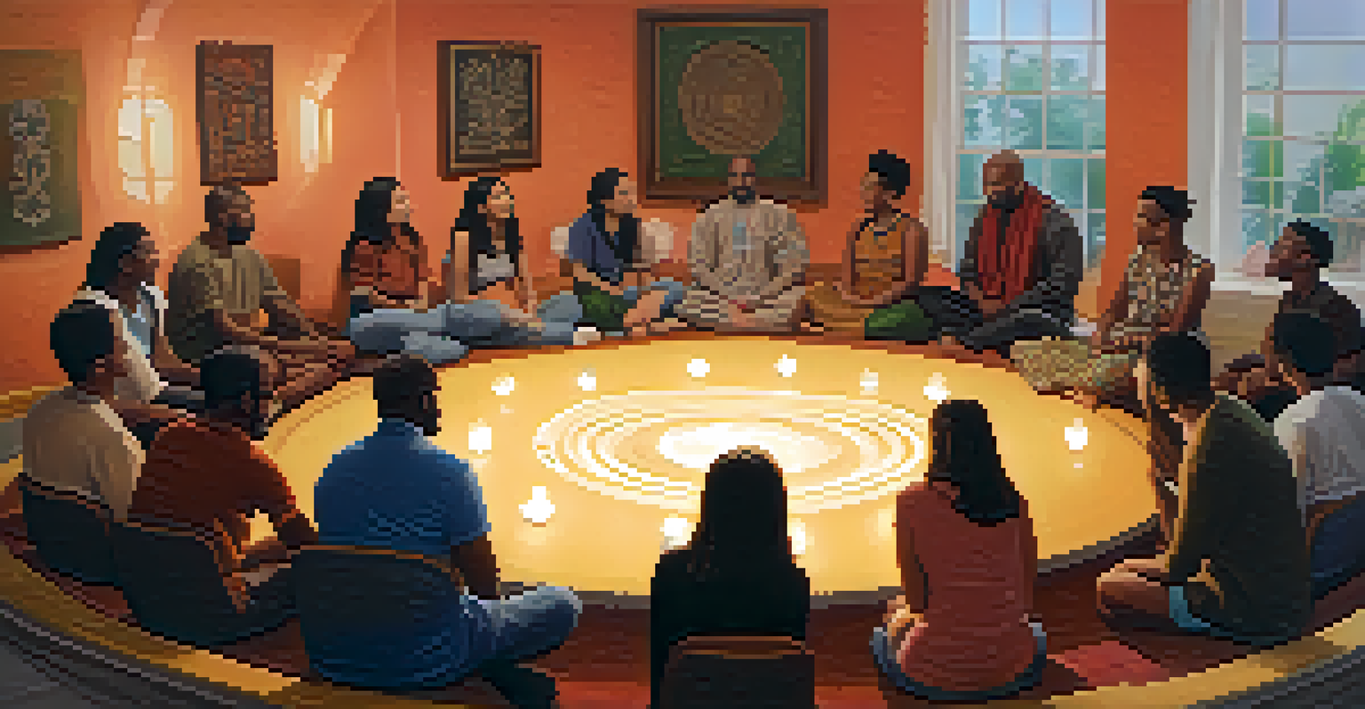 A diverse group of individuals sitting in a circle, discussing spiritual beliefs in a cozy room.