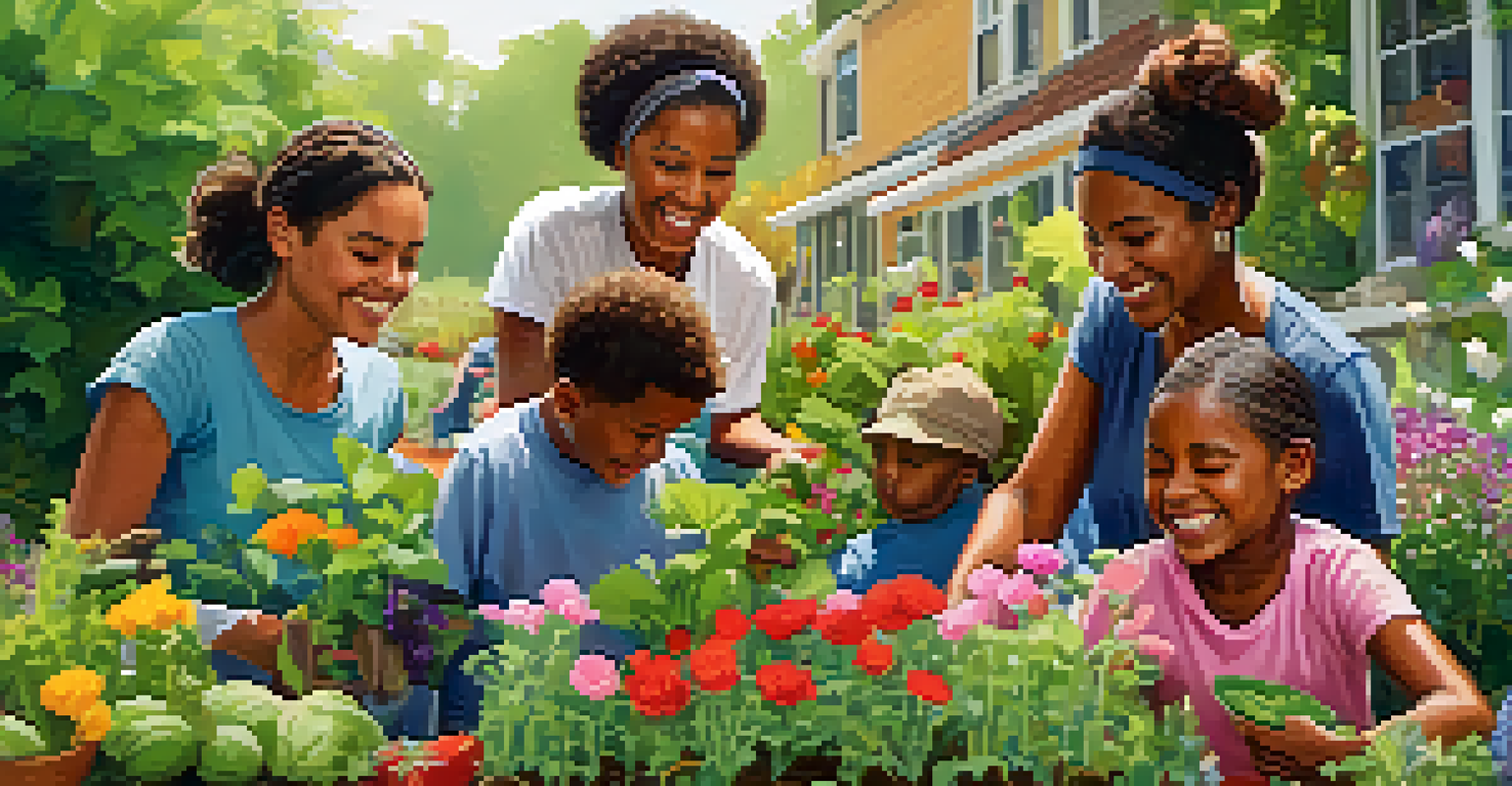 A family joyfully volunteering in a community garden, planting flowers and vegetables together.