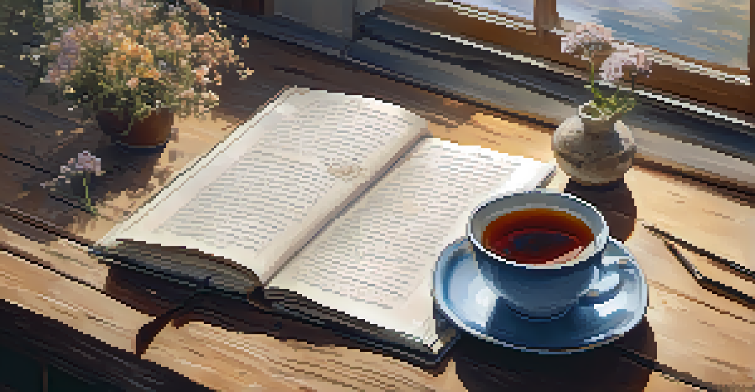 An open journal on a wooden table with dried flowers and a cup of tea, illuminated by natural light.
