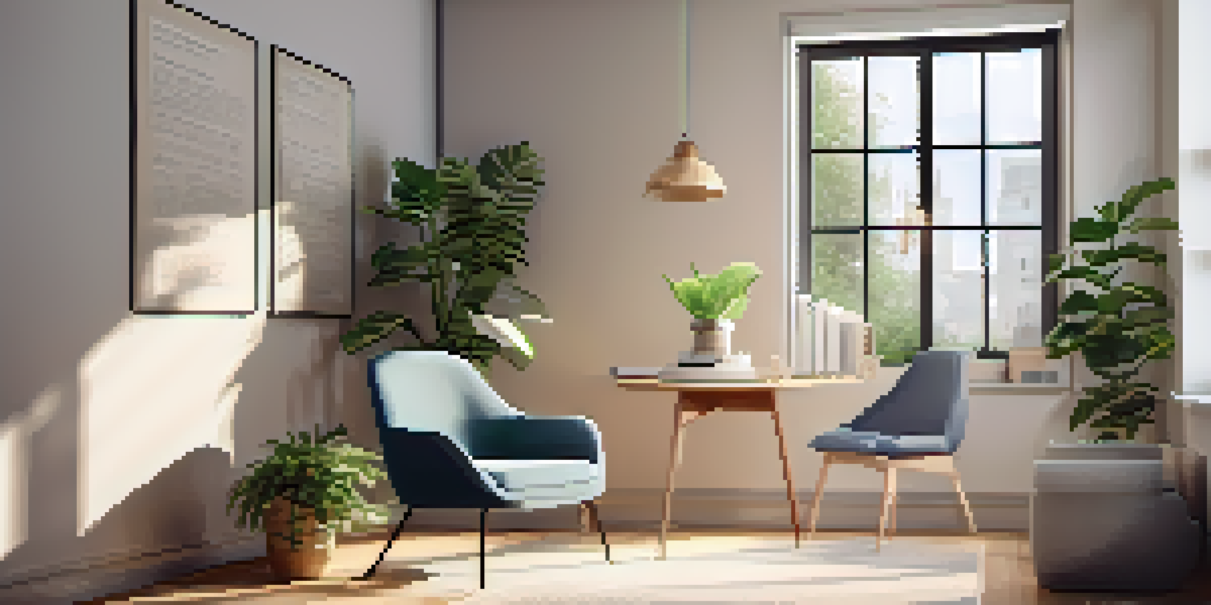 A cozy office mindfulness corner with soft lighting, an indoor plant, and inspirational quotes on the walls, designed for relaxation and focus.