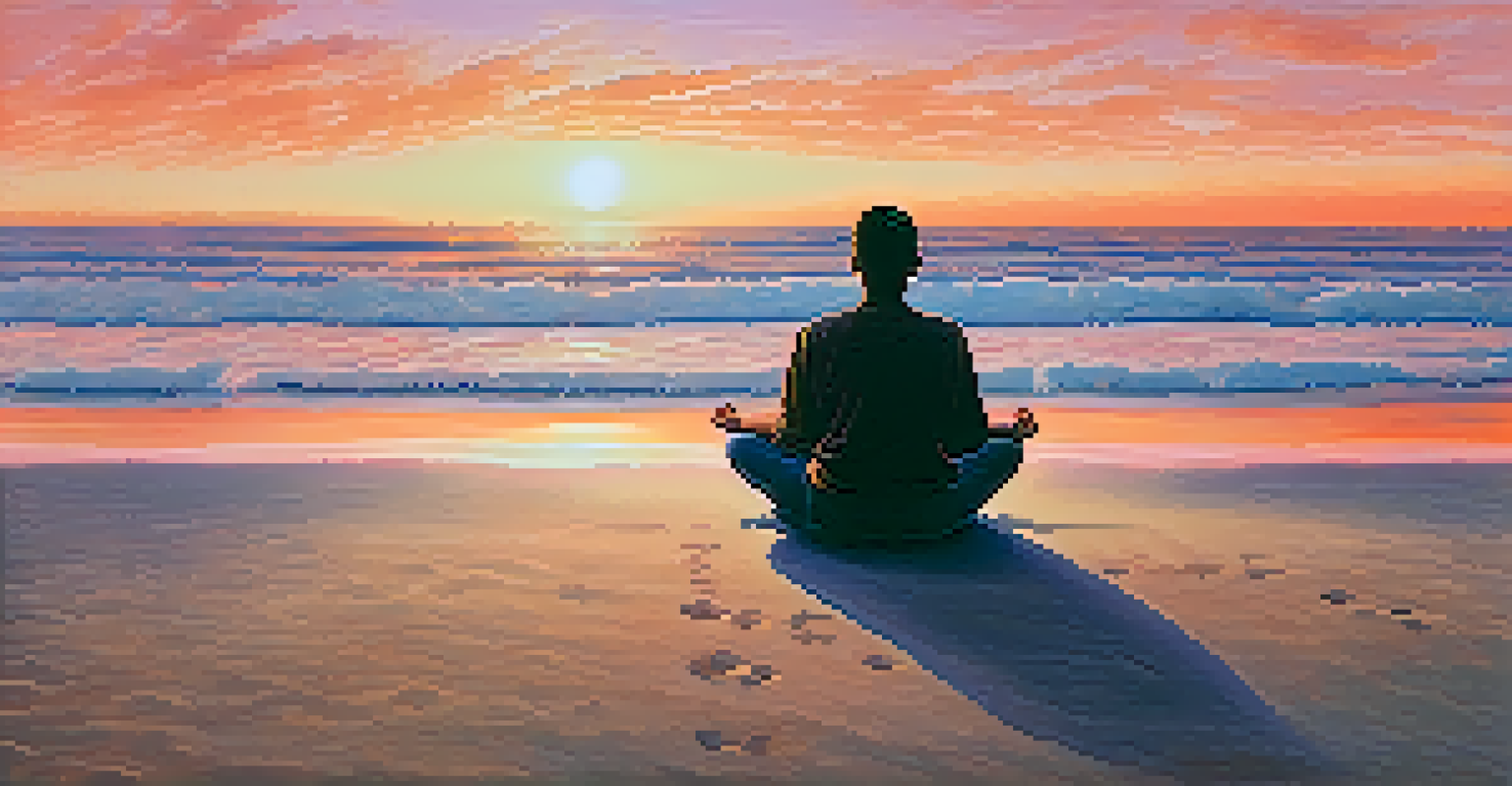 A person sitting on the beach at sunset, practicing mindful breathing with eyes closed and waves in the background.