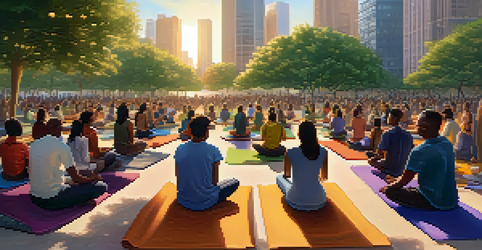 A community gathering for group meditation in an urban park, with diverse participants seated on colorful mats.