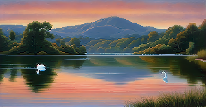 A peaceful sunset over a calm lake with a swan gliding on the water, surrounded by gentle hills.