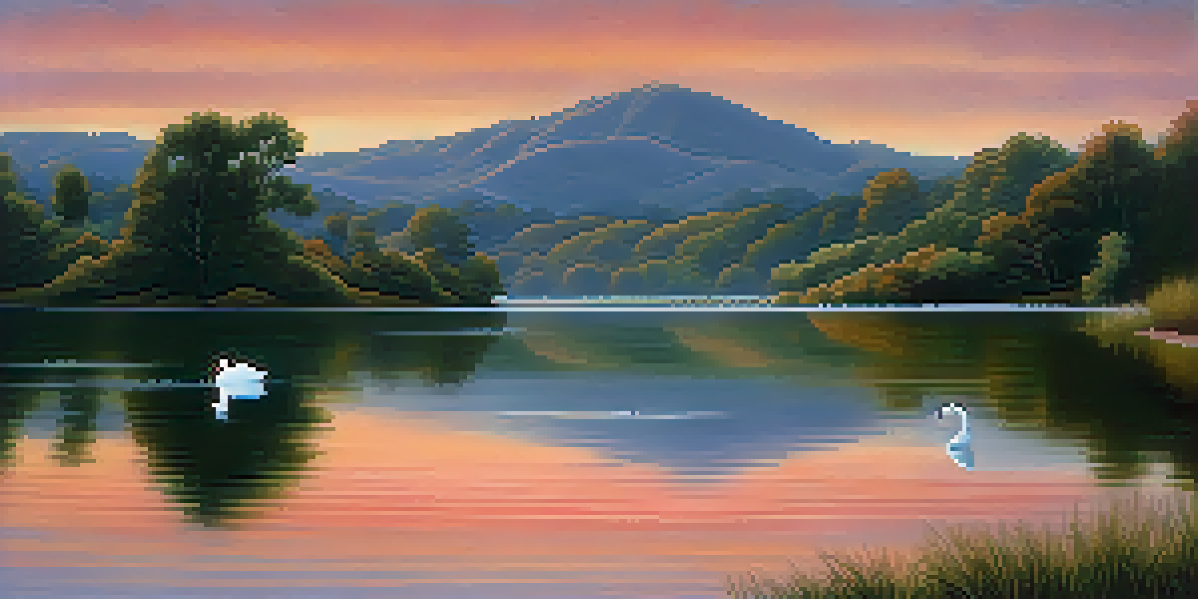 A peaceful sunset over a calm lake with a swan gliding on the water, surrounded by gentle hills.