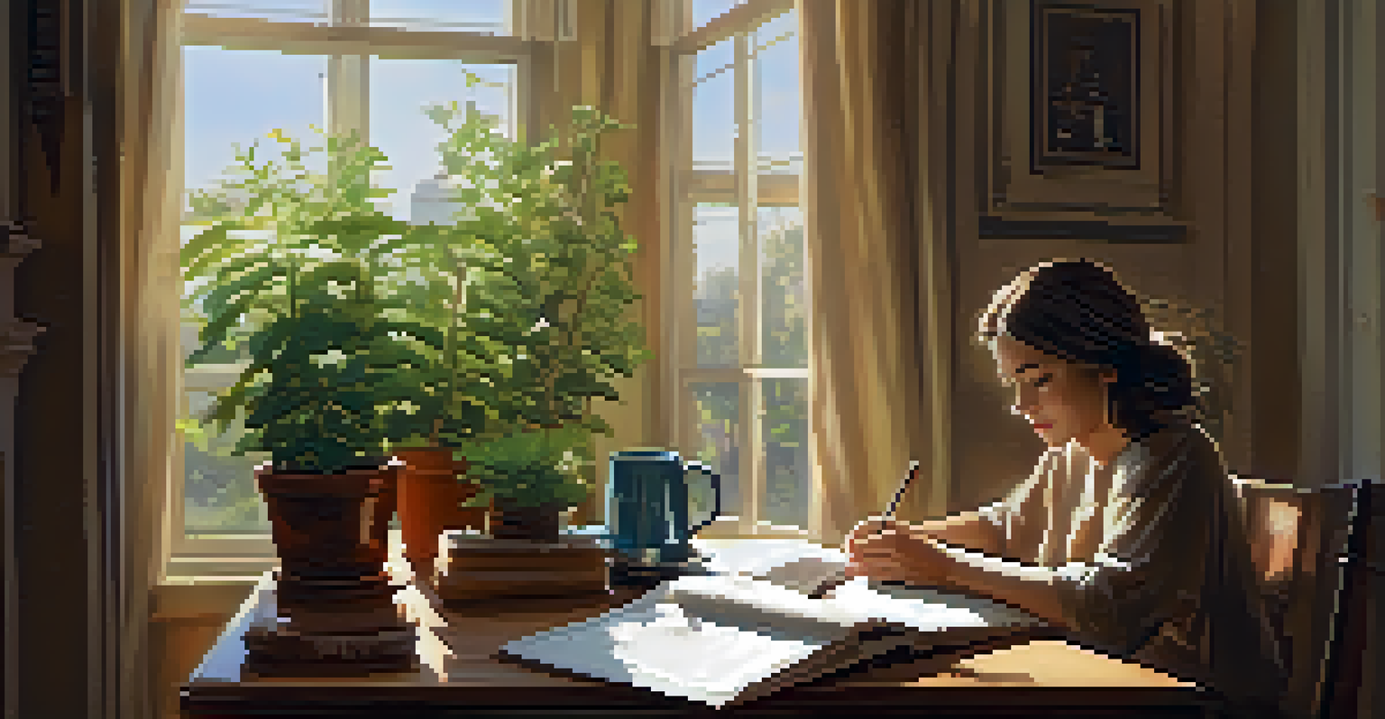 A person writing in a journal by a window in a cozy room filled with plants and warm lighting.