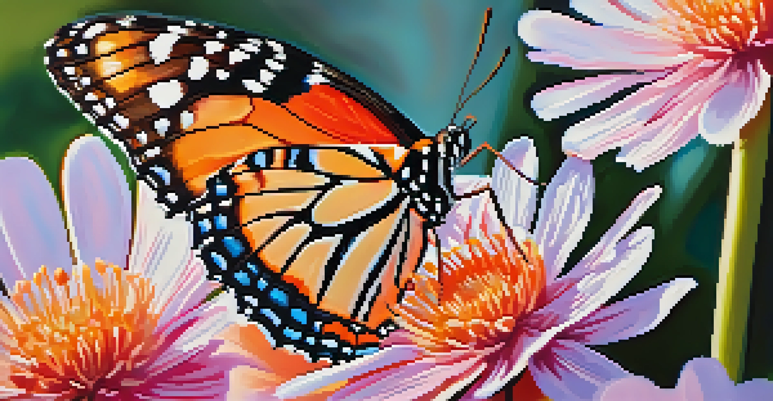 A close-up of a colorful butterfly on a blooming flower, with sunlight filtering through the petals.