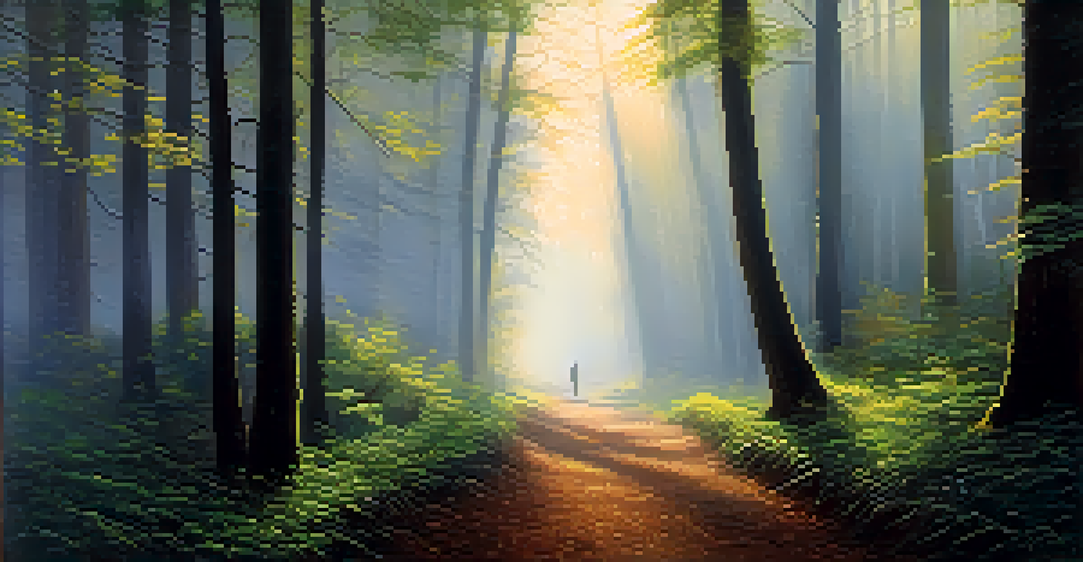 A misty forest pathway with sunlight filtering through trees, and a person walking slowly, enjoying the peaceful surroundings.