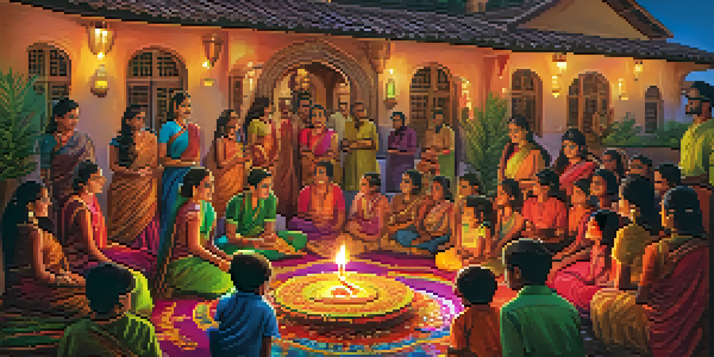 A colorful Diwali celebration with families, oil lamps, and fireworks at night.