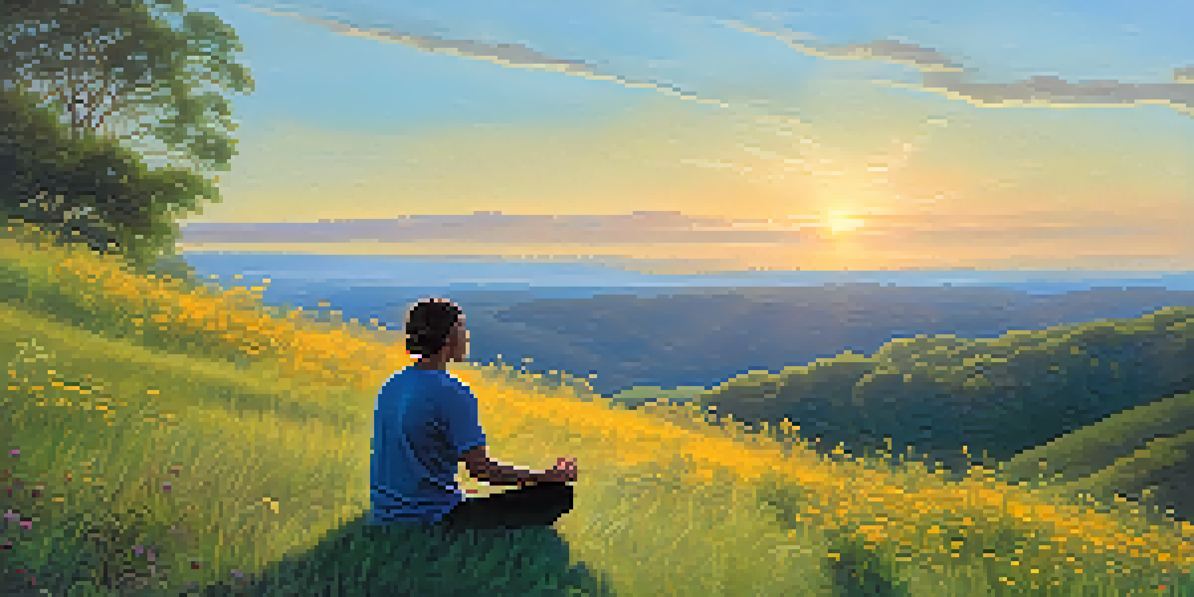 A person meditating on a grassy hill at sunrise, surrounded by blooming wildflowers and under a clear blue sky.