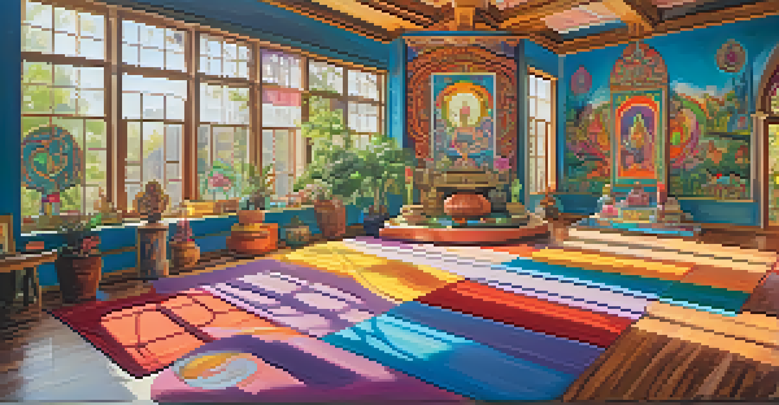 An indoor space for playful spiritual practices, with a colorful altar, decorations, and people laughing while meditating and engaging in creative activities, filled with natural light.