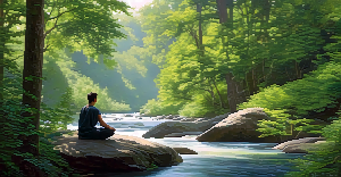 A peaceful forest scene with sunlight through trees, a person meditating on a rock by a river.