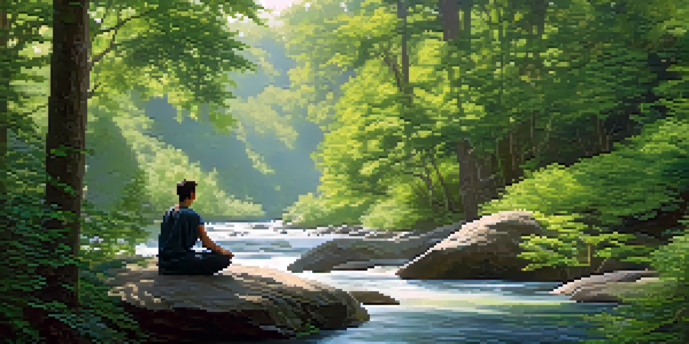 A peaceful forest scene with sunlight through trees, a person meditating on a rock by a river.