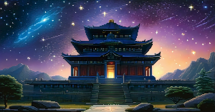 A tranquil night sky with stars above an ancient stone temple, bathed in moonlight, creating a mystical ambiance.