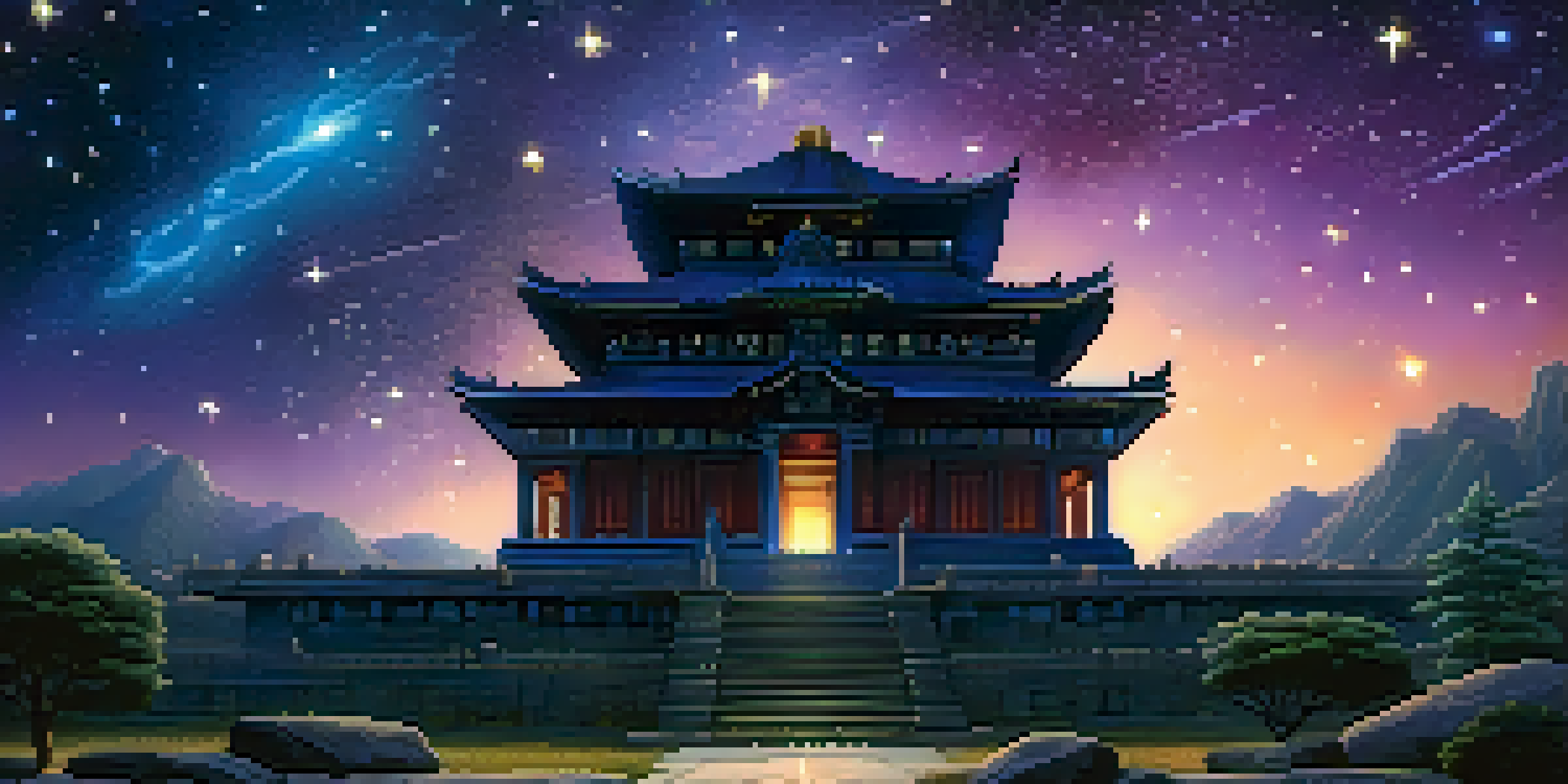 A tranquil night sky with stars above an ancient stone temple, bathed in moonlight, creating a mystical ambiance.