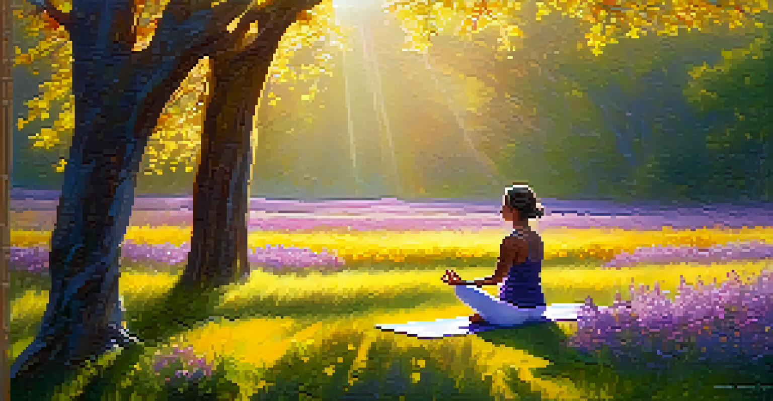 A person practicing yoga in a blooming field surrounded by colorful wildflowers and sunlight.