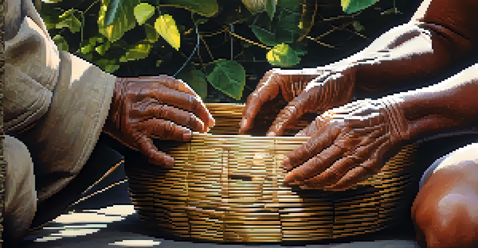 Close-up of an Indigenous elder's hands weaving a basket in a forest setting, with sunlight filtering through the trees.