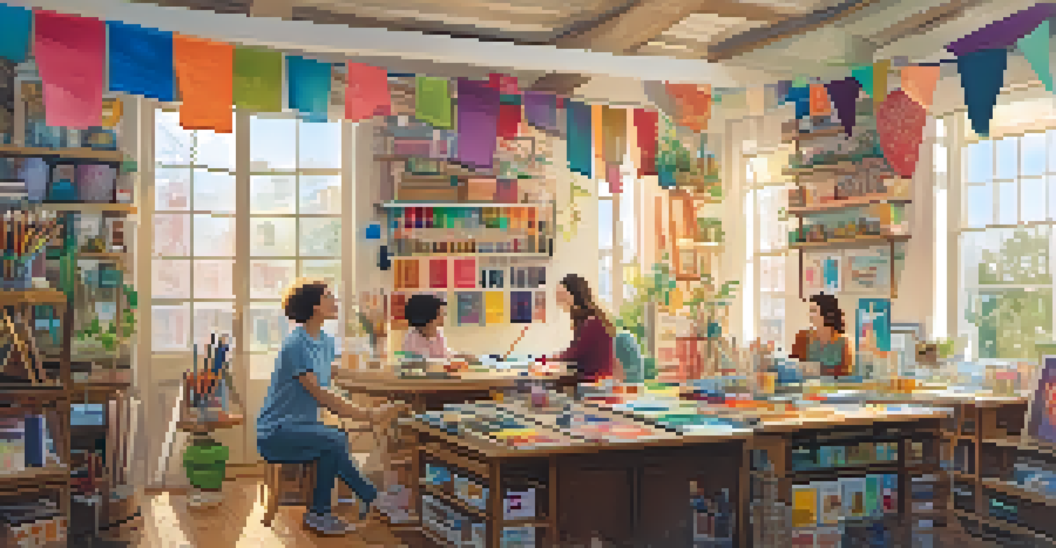 Adults joyfully creating art together in a bright and colorful indoor space filled with art supplies.