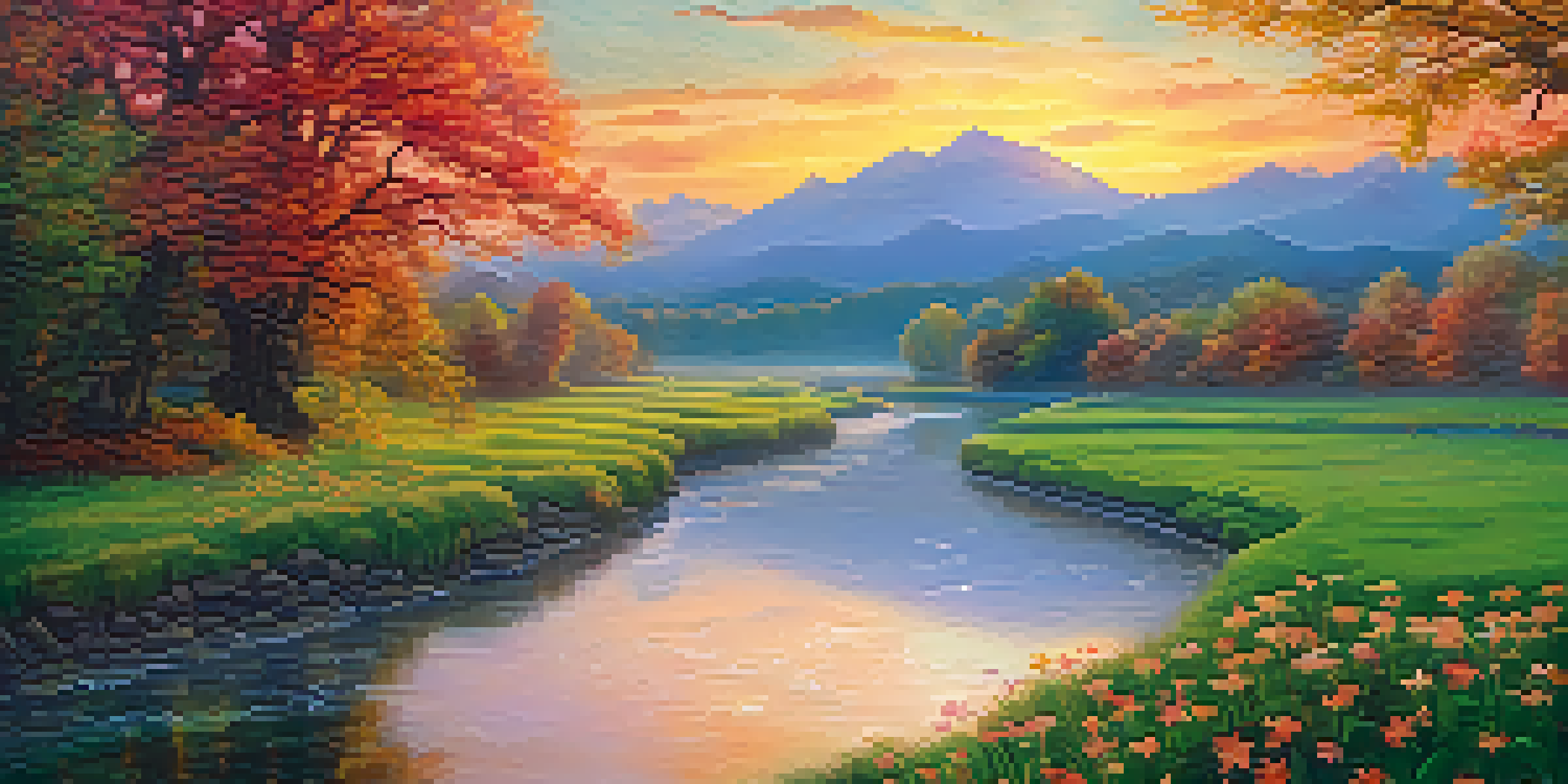 A peaceful landscape showcasing the cycles of nature with a sunrise over a green field and autumn colors, representing the concept of cyclical time in Hinduism.