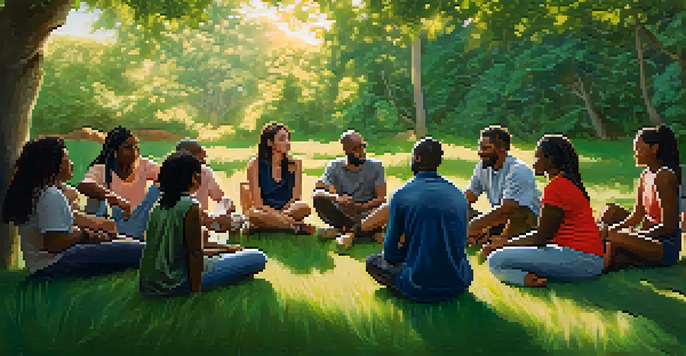A diverse group of people in a circle outdoors, discussing and sharing ideas under sunlight.