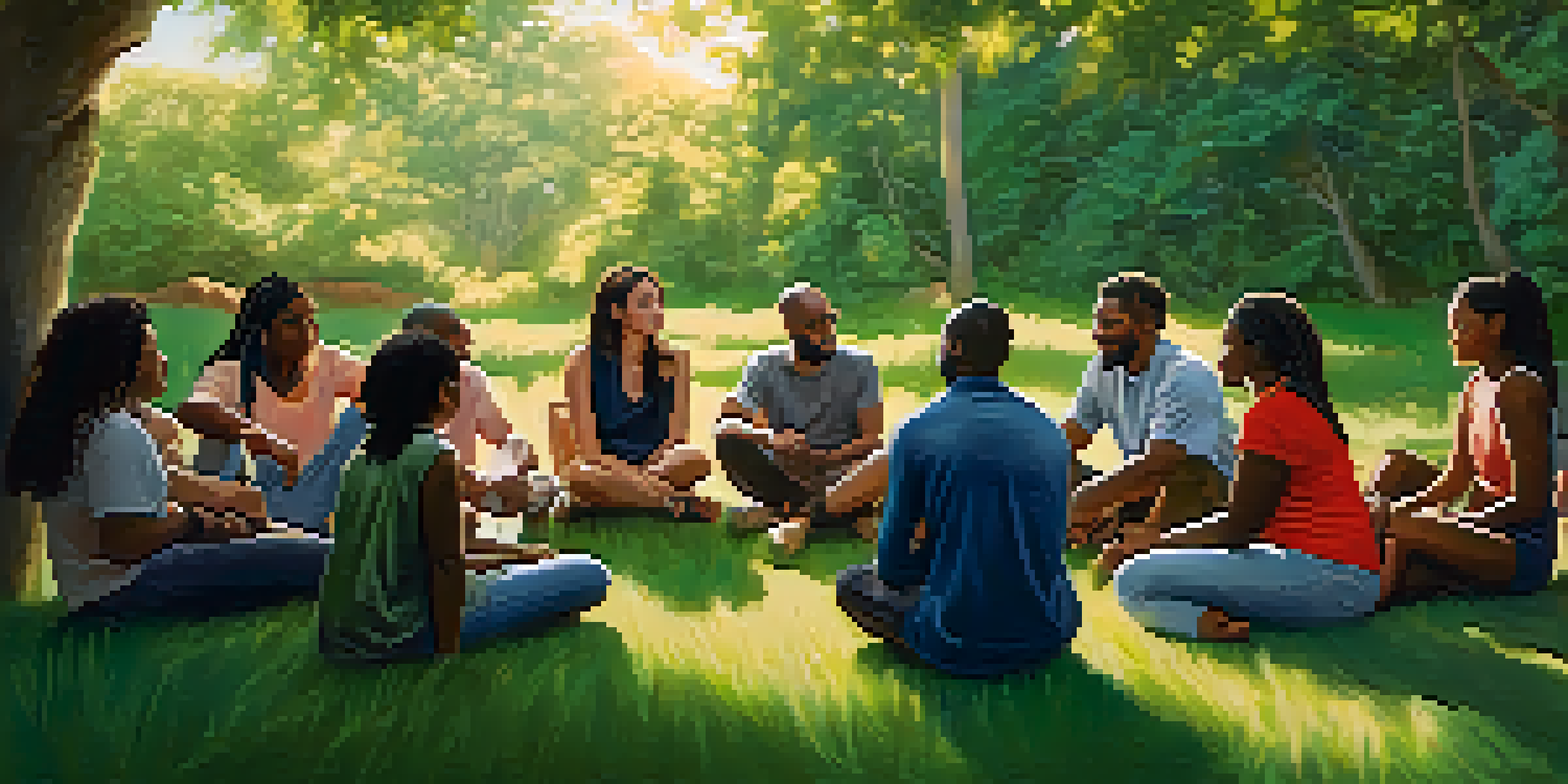 A diverse group of people in a circle outdoors, discussing and sharing ideas under sunlight.