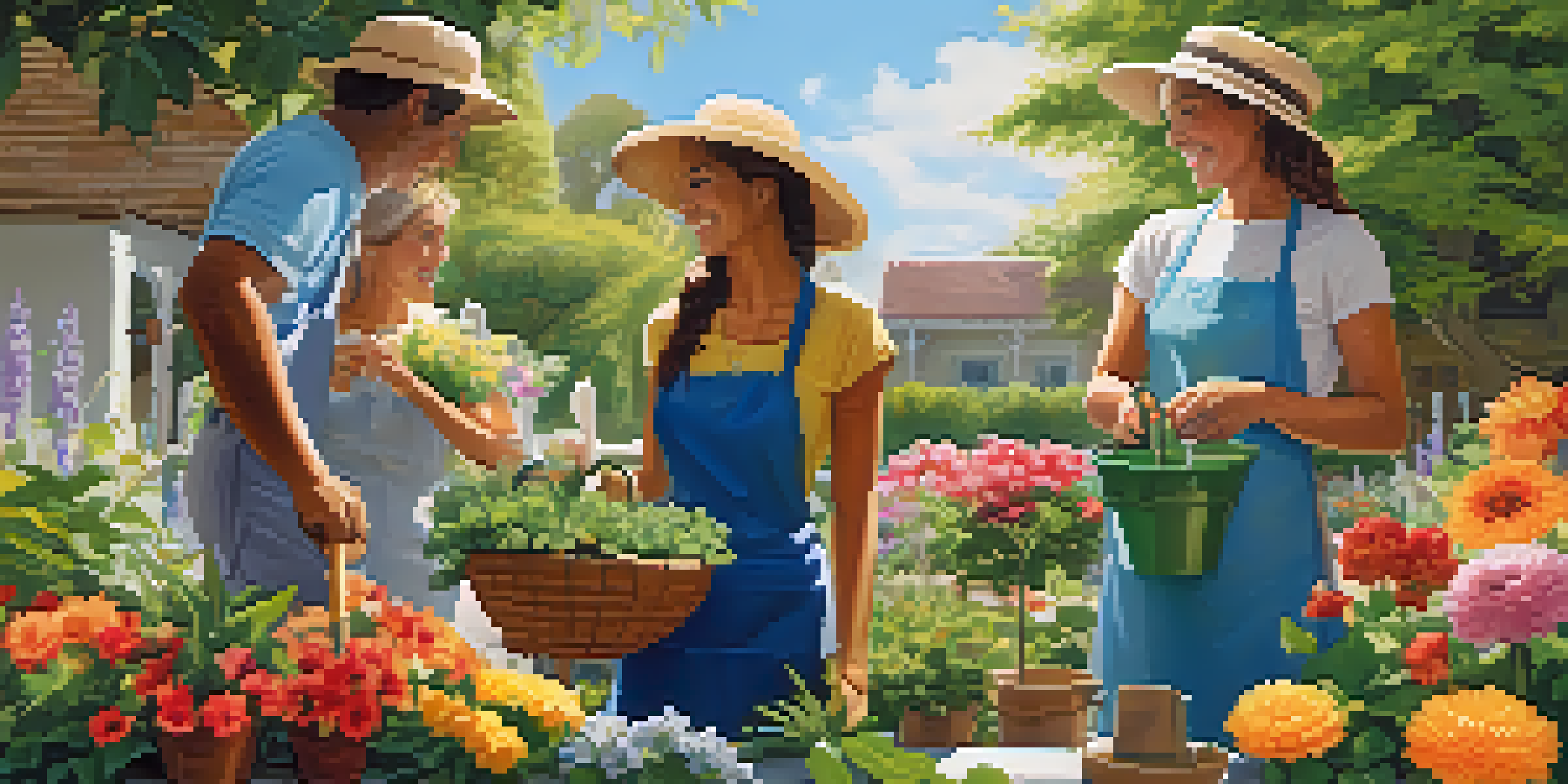 A diverse group of people gardening together, sharing kindness and smiles in a vibrant garden filled with blooming flowers under a clear blue sky.