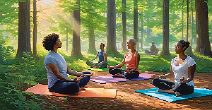 A diverse group of individuals meditating in a sunlit forest, surrounded by trees and wildflowers.