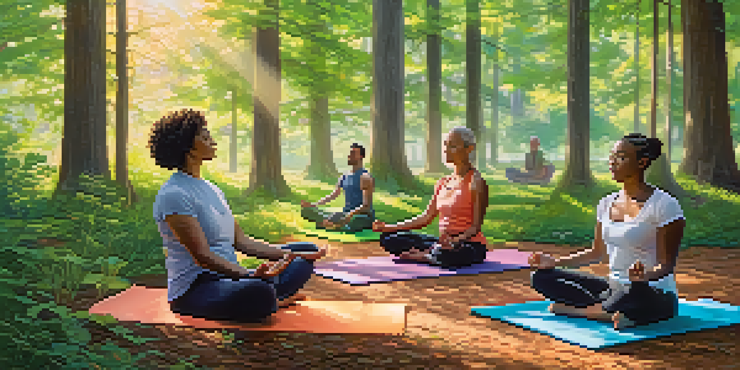 A diverse group of individuals meditating in a sunlit forest, surrounded by trees and wildflowers.