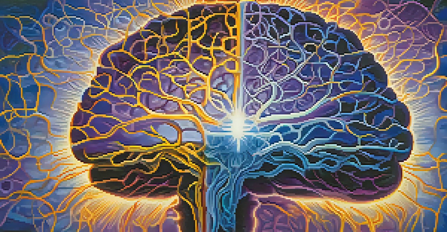 An abstract depiction of a brain with neural pathways illuminated in vibrant colors, representing spiritual experiences.