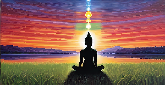 A human silhouette with seven glowing chakras aligned vertically on a beautiful sunset background.