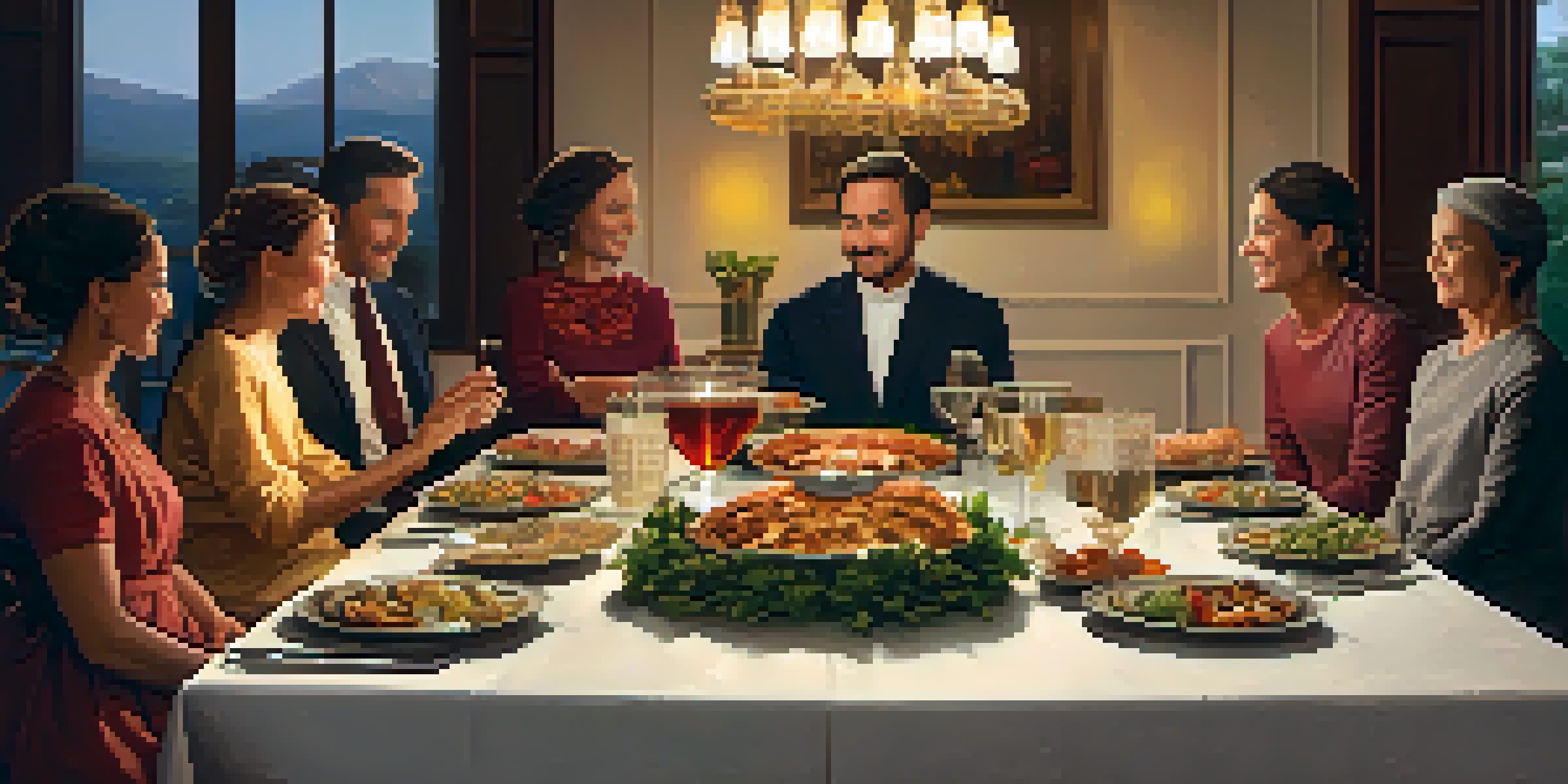 A diverse family gathering around a dinner table during a religious holiday, showcasing traditional dishes and warm lighting.