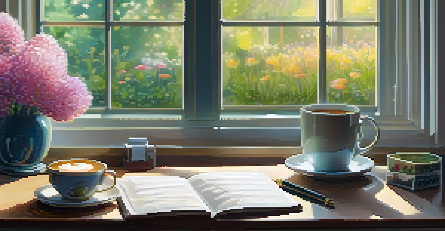 A workspace with sticky notes of affirmations, a cup of coffee, and a journal on a desk.