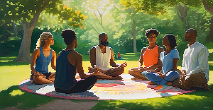 A diverse group of people meditating together in a circle outdoors, surrounded by nature and sunlight.