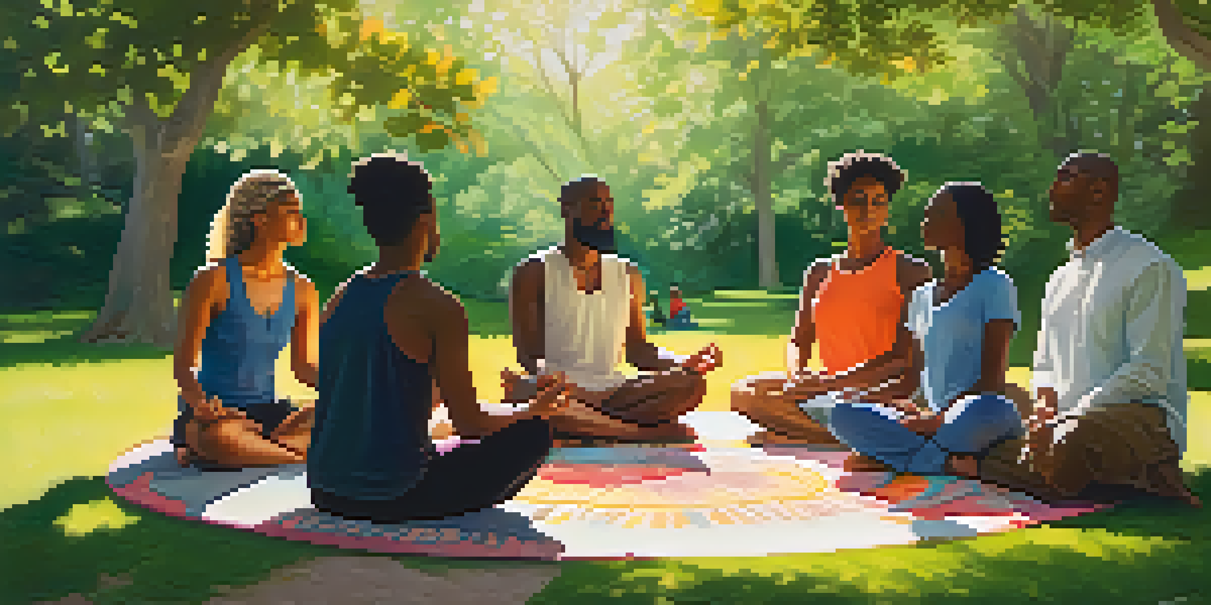 A diverse group of people meditating together in a circle outdoors, surrounded by nature and sunlight.
