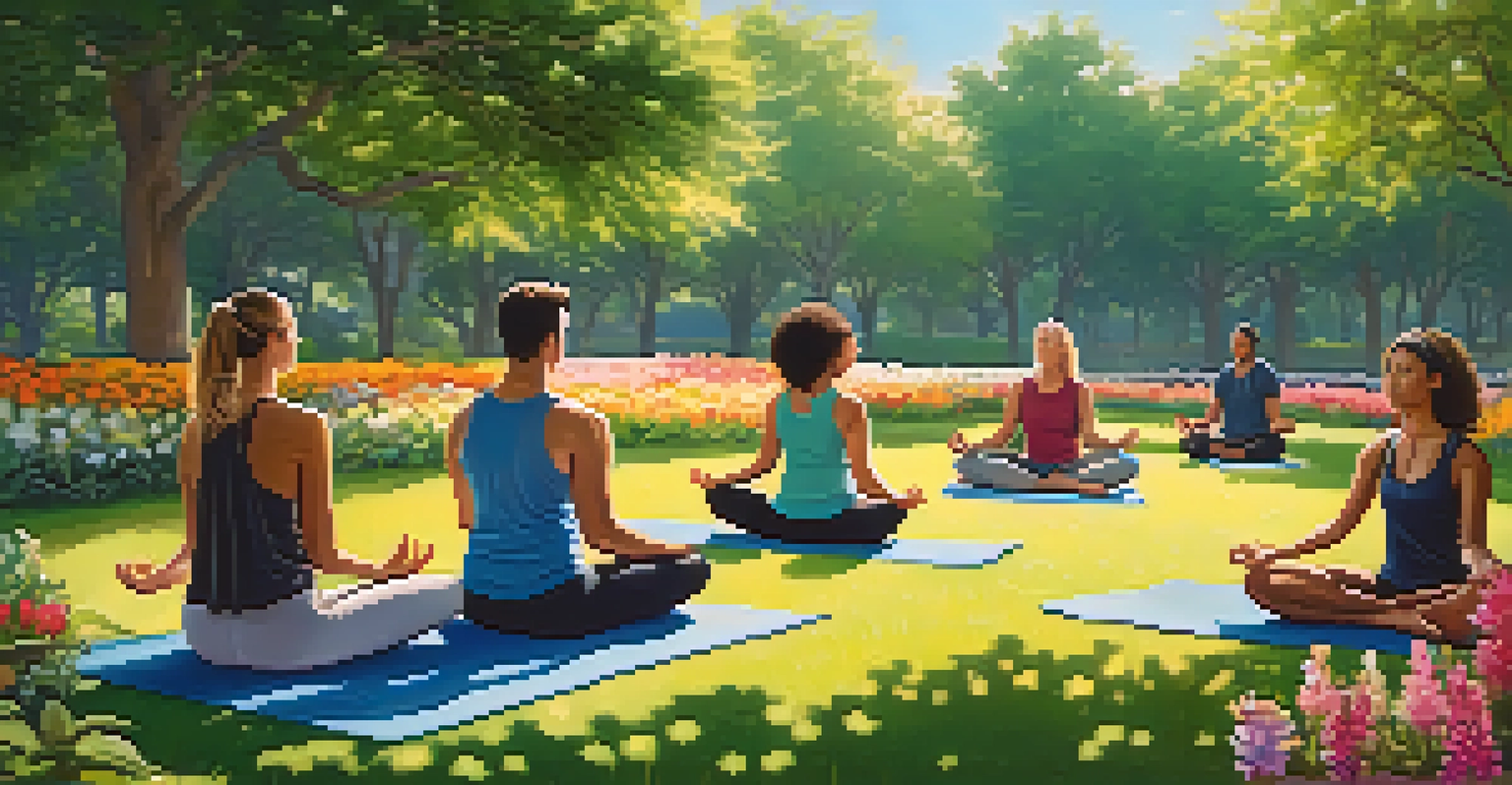 A diverse group of people practicing mindfulness in a peaceful park surrounded by greenery.