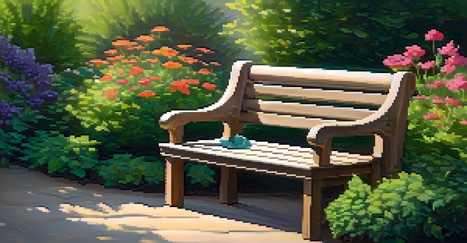 A meditative garden scene with a wooden bench surrounded by colorful flowers and warm sunlight.