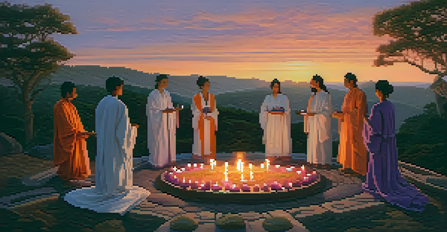 A group of individuals in robes participating in an outdoor ritual at sunset, surrounded by nature and candles.