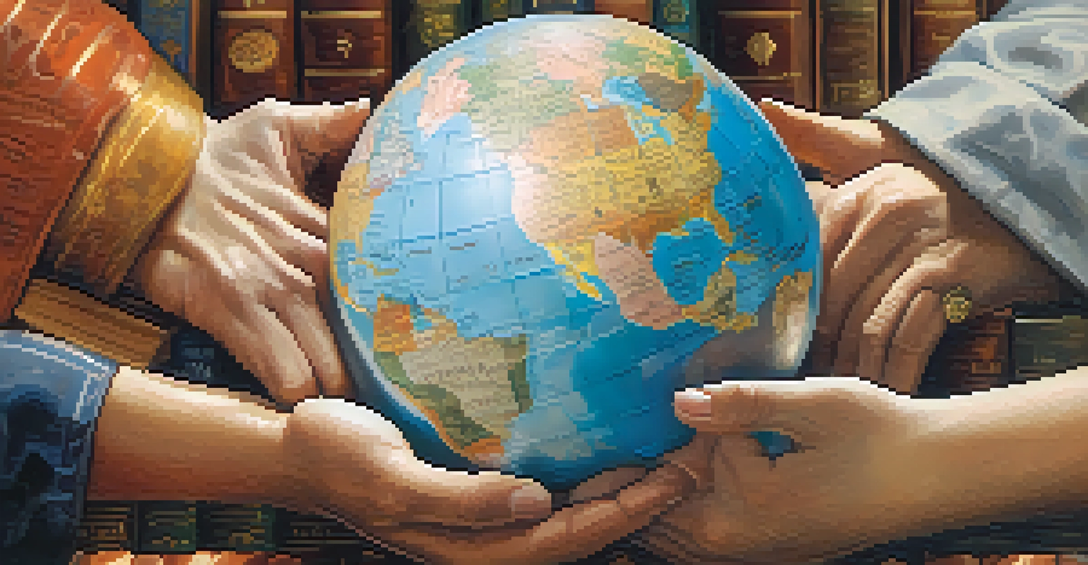Close-up of hands holding a globe surrounded by open books in different languages, symbolizing unity in diversity.