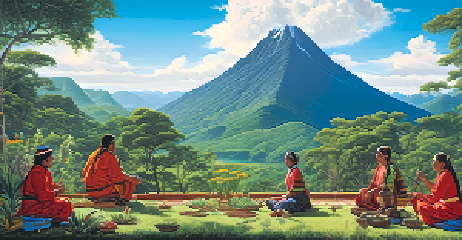 Indigenous individuals gather plants at the base of a sacred mountain under a clear blue sky.